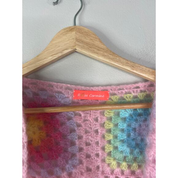 NEW Rose Carmine Crochet-Knit Mohair-Blend Granny Square Long Sleeve Cardigan - Picture 4 of 7